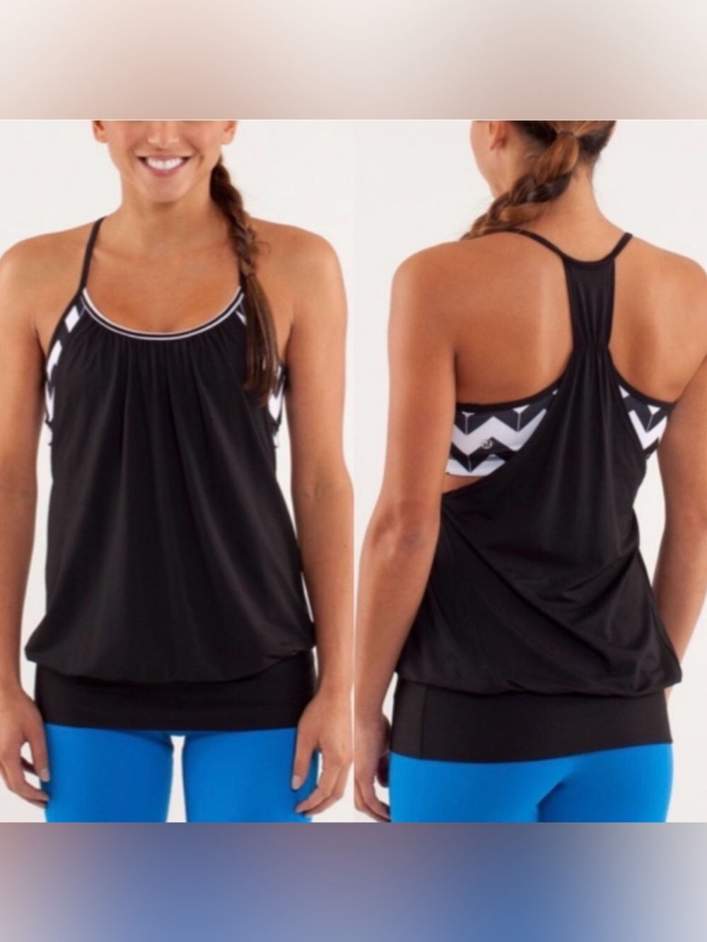 Lululemon No Limits Black Layered Hip Band TankTop with Chevron Detail, Size 10